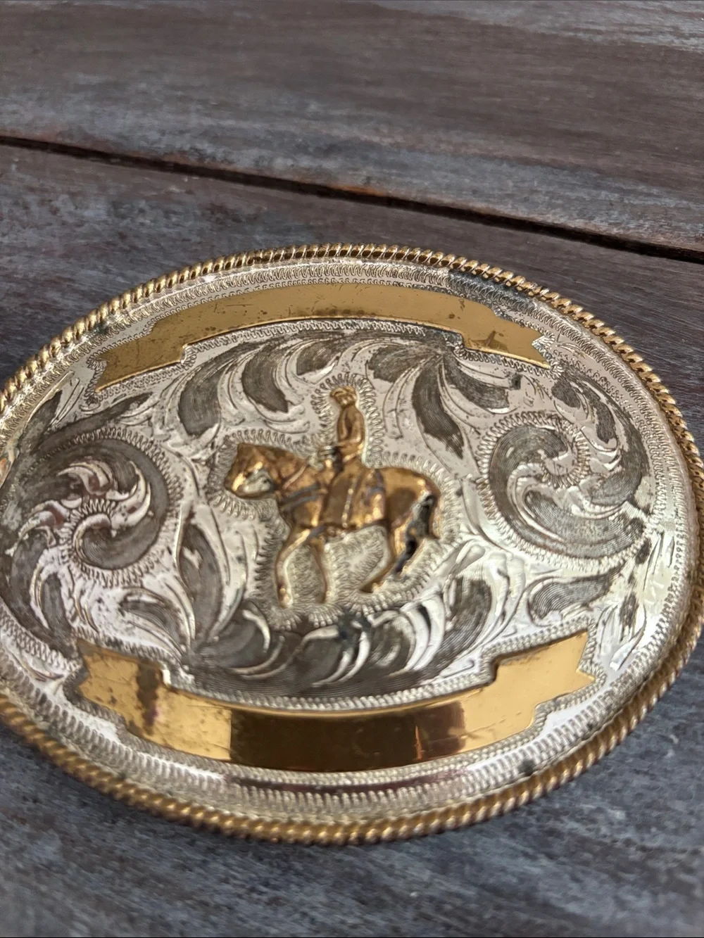Alpaca Mexico Silver Cowboy on Horse Western Belt Buckle Oval Rope Border Stamp